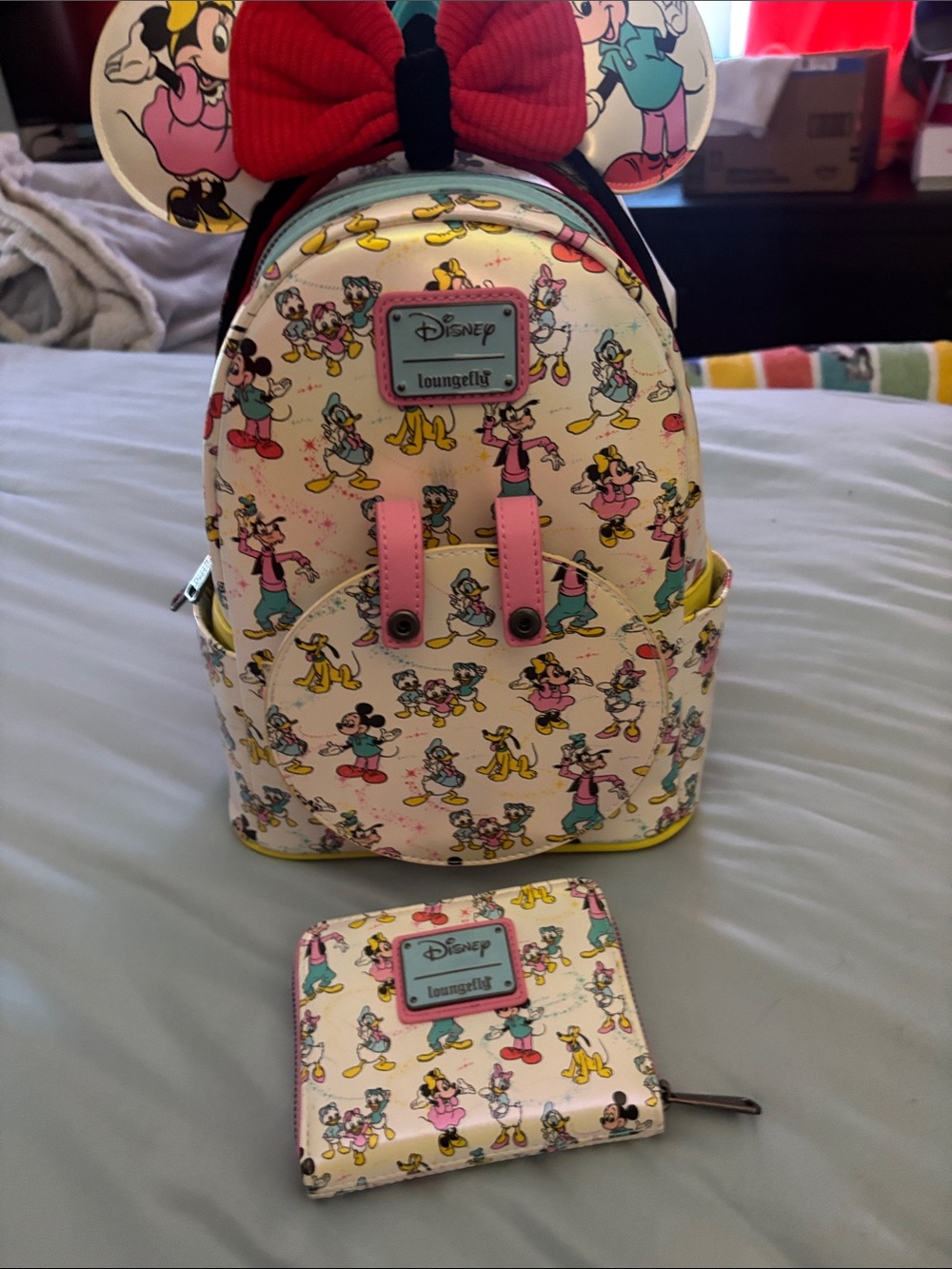 Loungefly Disney Character Cream Mini Backpack with Pink Accents and Red Bow